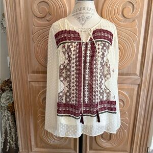 Signature Studio Cream and Burgundy Boho Style Blouse Size Large